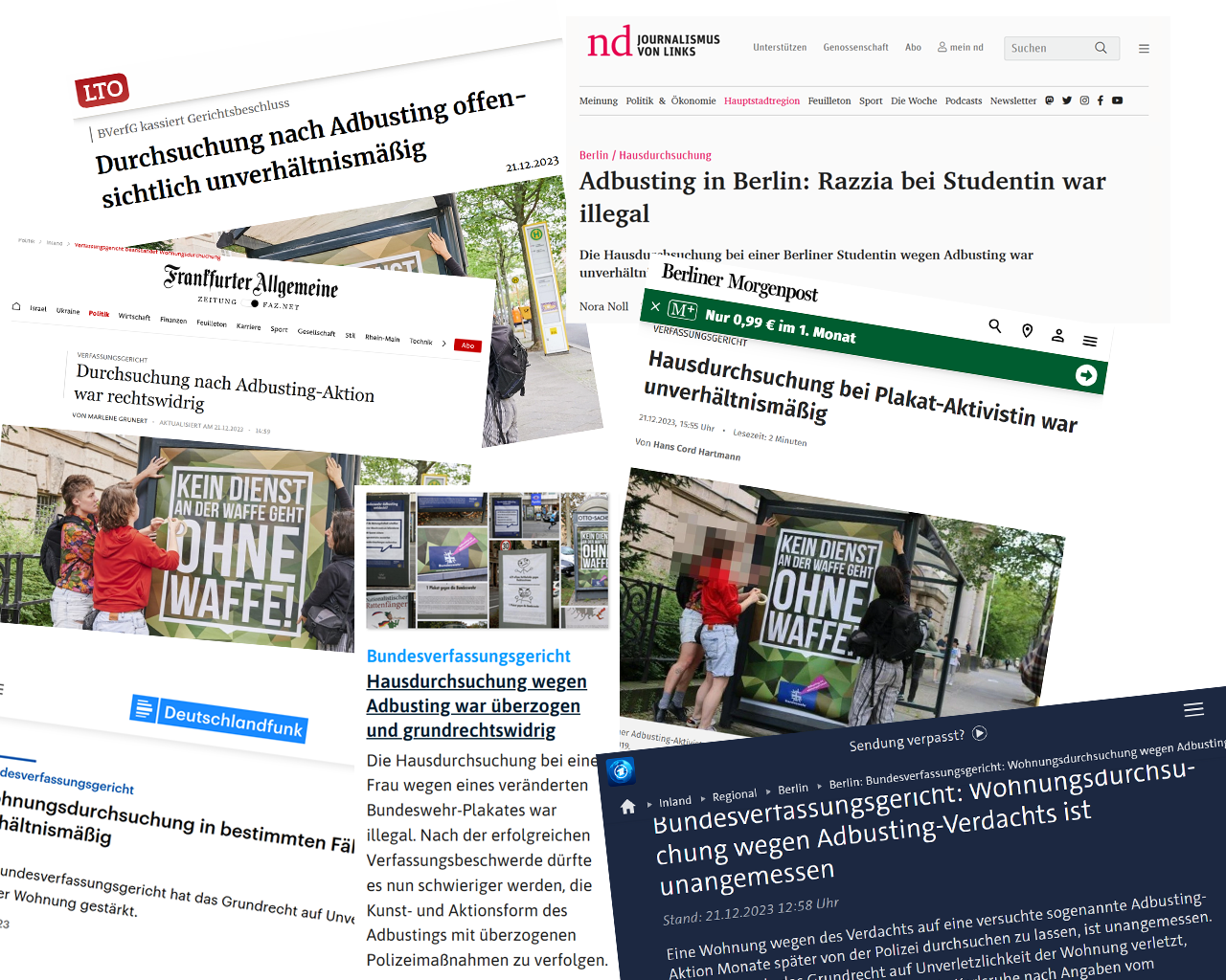 Screenshots diverser Nachrichtenseiten mit der Meldung vonm Adbusting-Urteil des Bundesverfassungsgerichts.